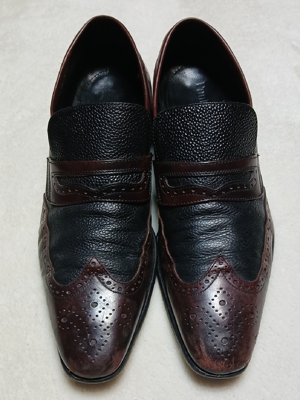 Paul Fredrick Black and Brown Two-Tone Leather Slip-On Oxfords Size 9